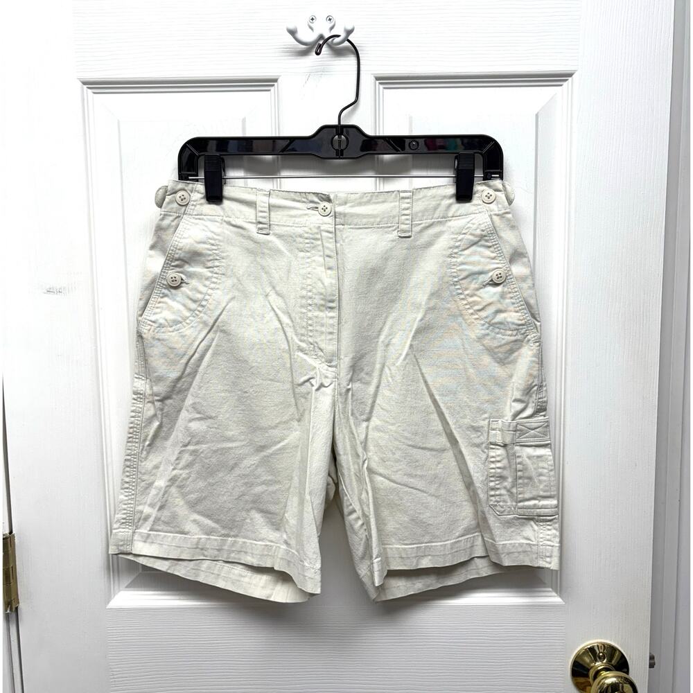 VTG Talbots Shorts Tan Stretch Cotton Phone Side Pocket Flat Front Womens Size 6